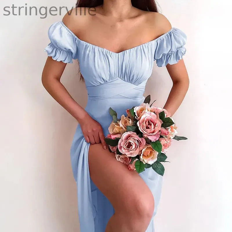 Sexy Off Shoulder High Waist Short Petal Sleeve Elegant  Wedding Guest Dresses