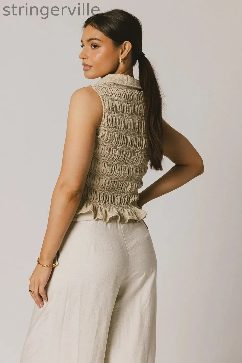 Smocked Button Up in Taupe