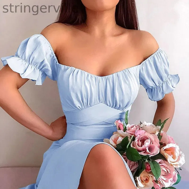 Sexy Off Shoulder High Waist Short Petal Sleeve Elegant  Wedding Guest Dresses