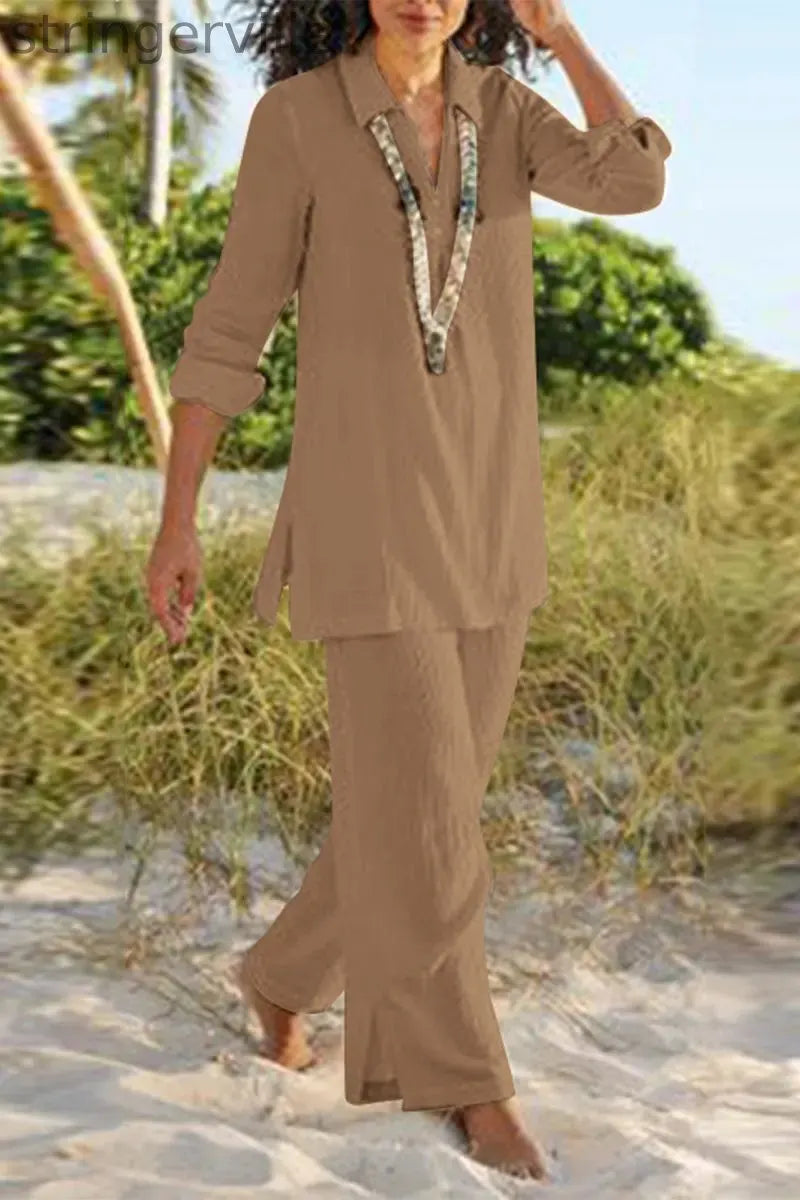 Casual Solid Slit V Neck Long Sleeve Two Pieces