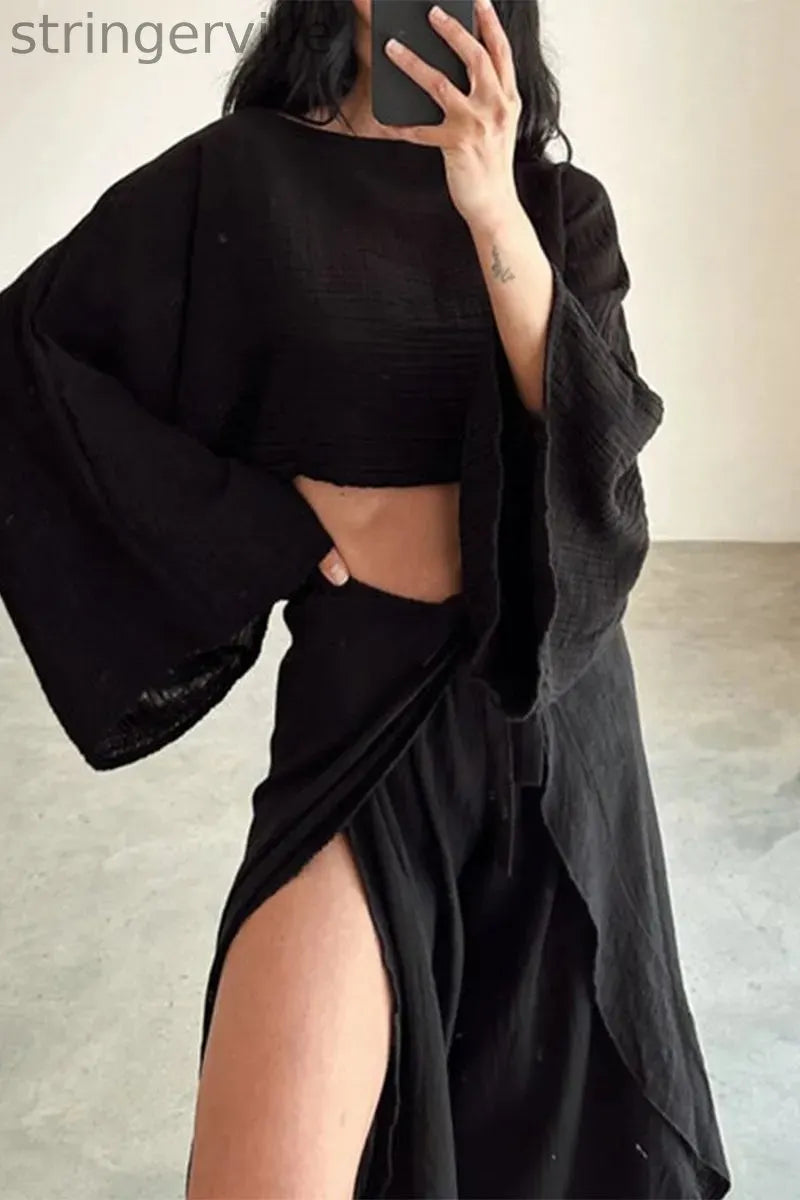 Casual Solid Flounce Slit O Neck Long Sleeve Two Pieces