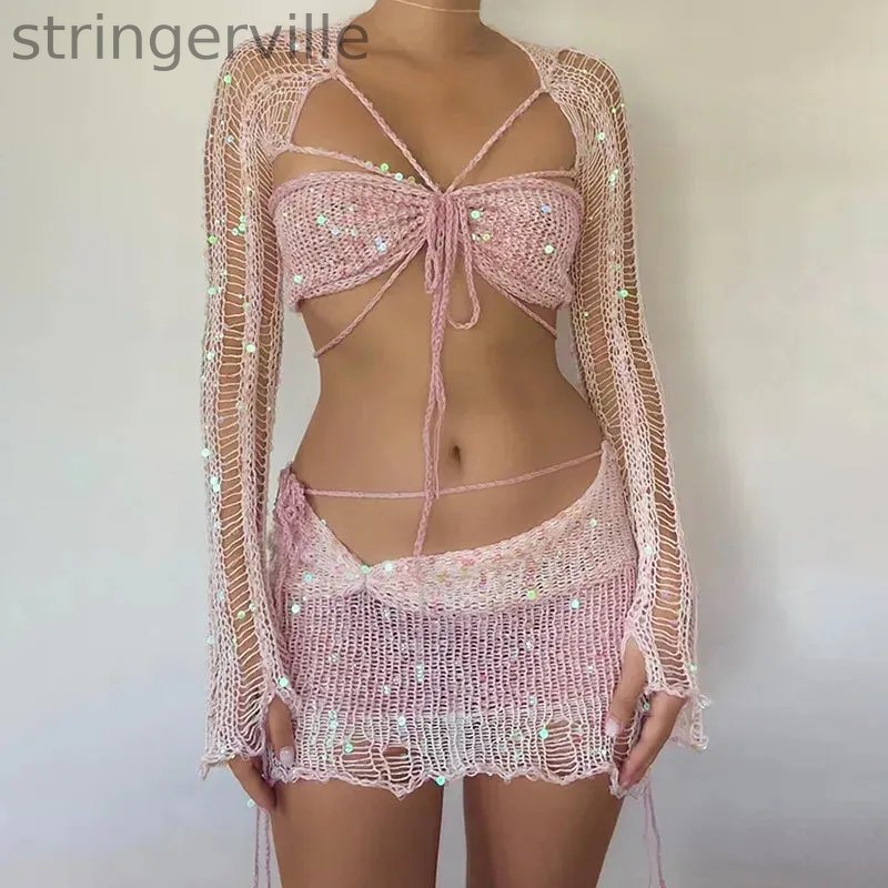 Women's Fashion Casual Sequined Knitted Hollow Suit