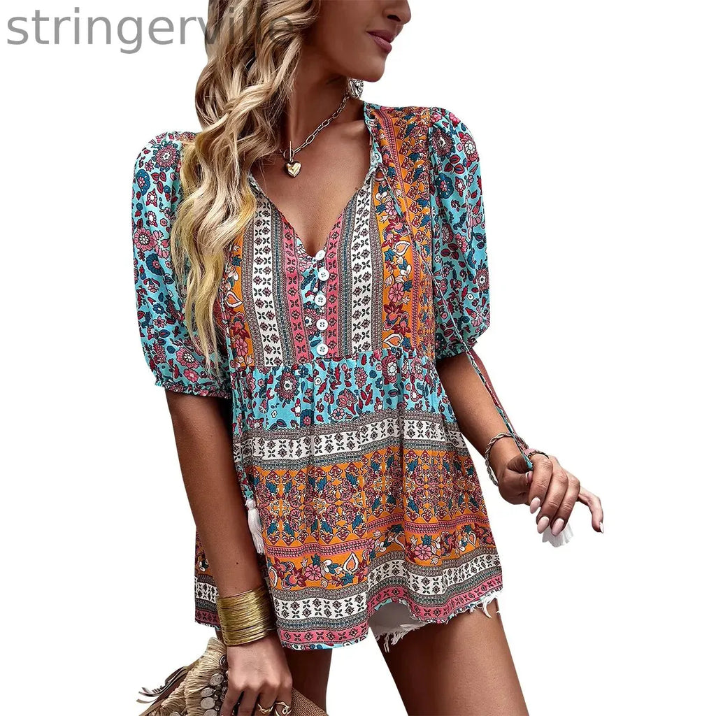 Fashion Casual V-neck Printed T-shirt