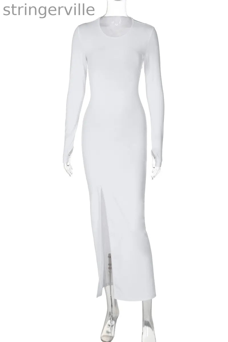 Sexy Backless Slit Strap Design O Neck Long Sleeve Dresses