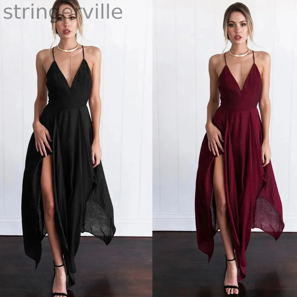 Women's Fashion V-neck Backless Split Suspender Wedding Guest Dresses