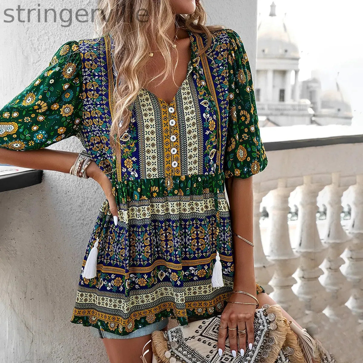 Fashion Casual V-neck Printed T-shirt