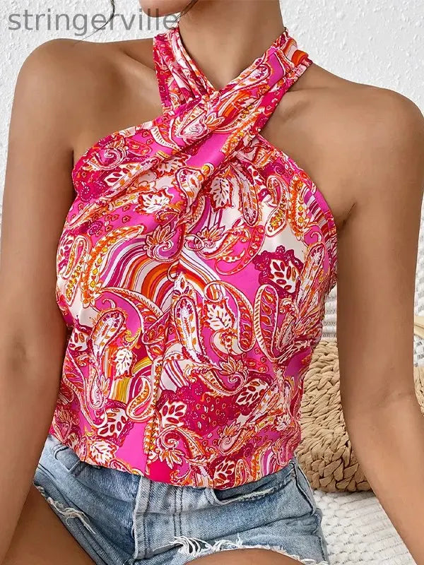Flower Print Contrast Color Buttoned Sleeveless Loose Halter-Neck Vest Top