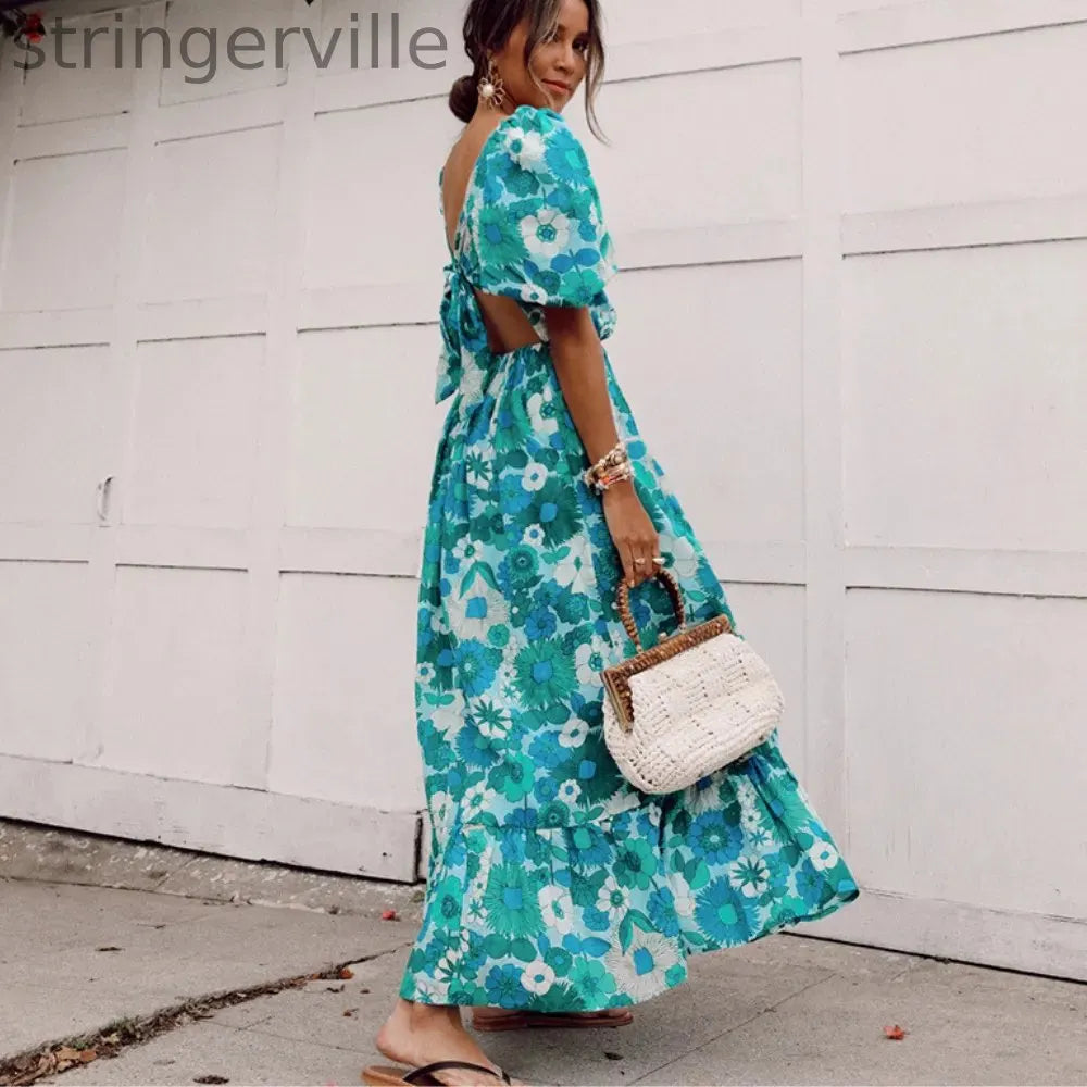 Women Spring Floral Print Long Party  Wedding Guest Dresses