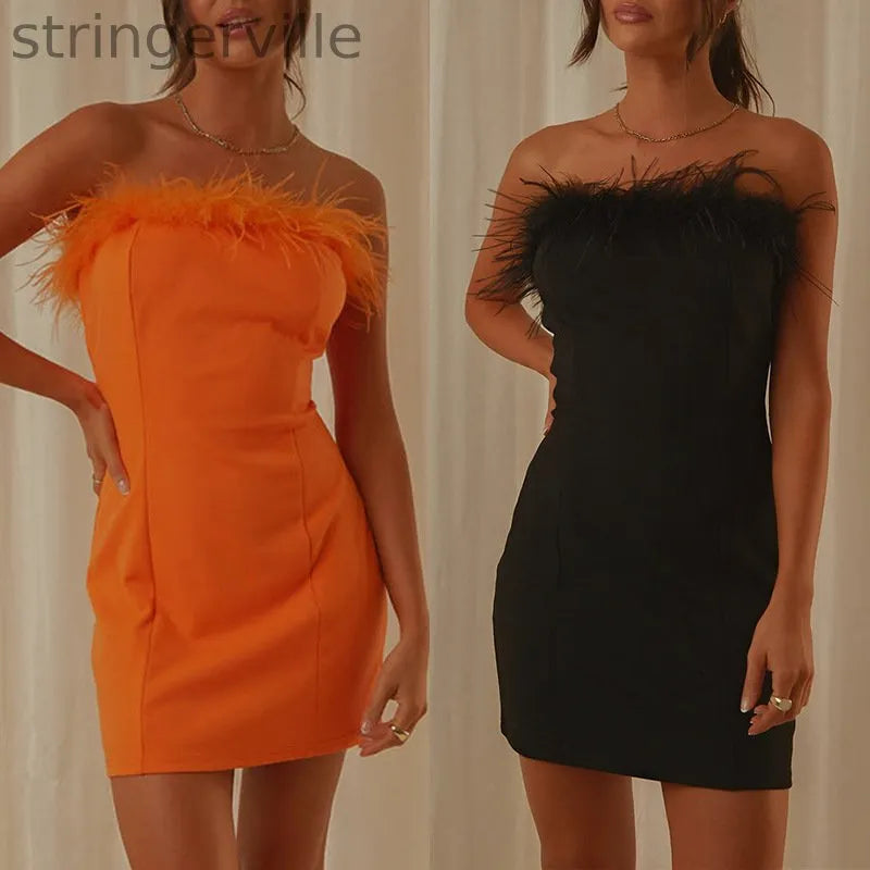 Fashion Solid Color Strapless Feather Sexy Hip Party Wedding Guest Dress