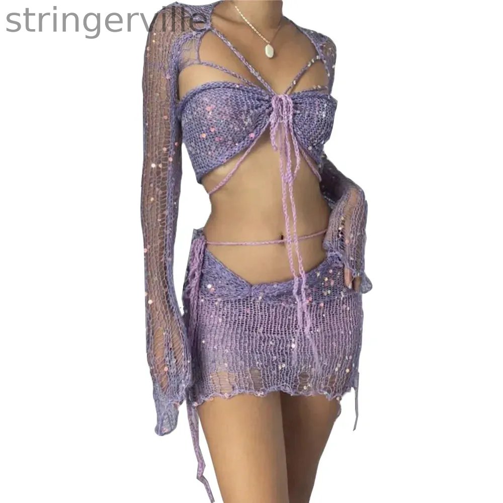 Women's Fashion Casual Sequined Knitted Hollow Suit