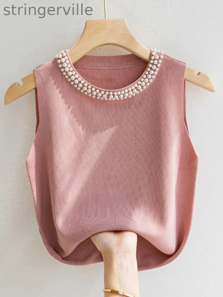 Women's Knitted Tank Top – Sleeveless Solid Color Beaded Vest