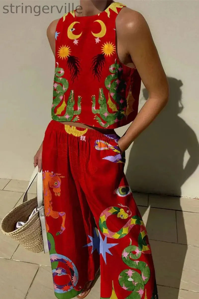 Casual Print Pocket O Neck Sleeveless Two Pieces