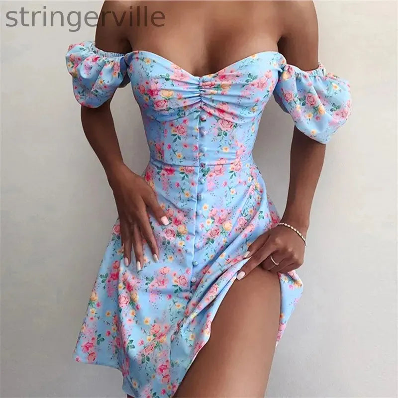 Print Flower Puff Sleeve  Bodycon Wedding Guest Dresses
