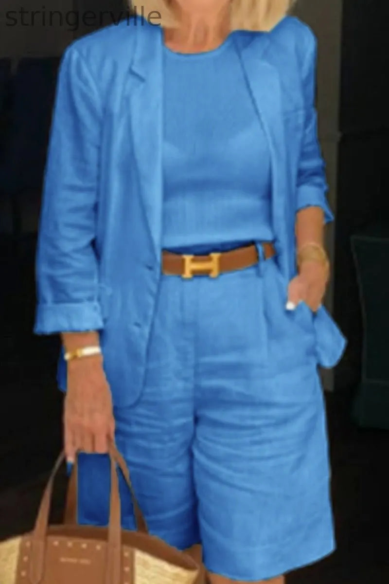 Casual Simplicity Solid Solid Color Turn-back Collar Nine Points Sleeve Two Pieces(4 Colors)