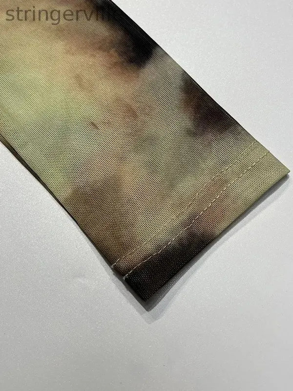 Pleated Split-Joint Tie Dye Long Sleeves Skinny Off-the-shoulder T-Shirts Tops