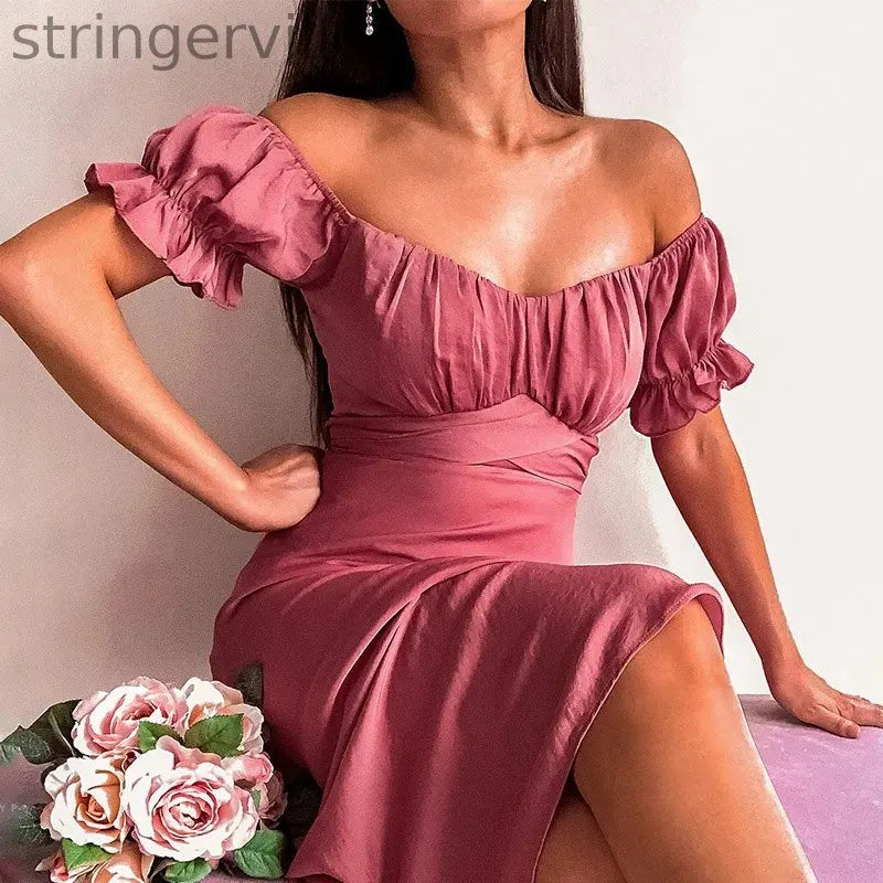Sexy Off Shoulder High Waist Short Petal Sleeve Elegant  Wedding Guest Dresses
