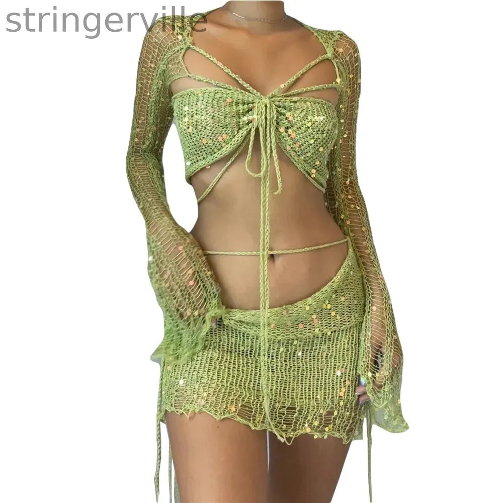 Women's Fashion Casual Sequined Knitted Hollow Suit