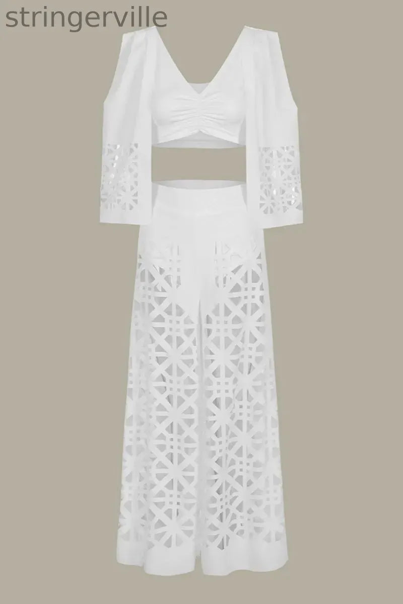 Casual Solid Hollowed Out V Neck Sleeveless Two Pieces