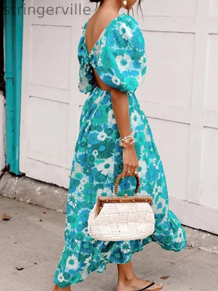 Women Spring Floral Print Long Party  Wedding Guest Dresses