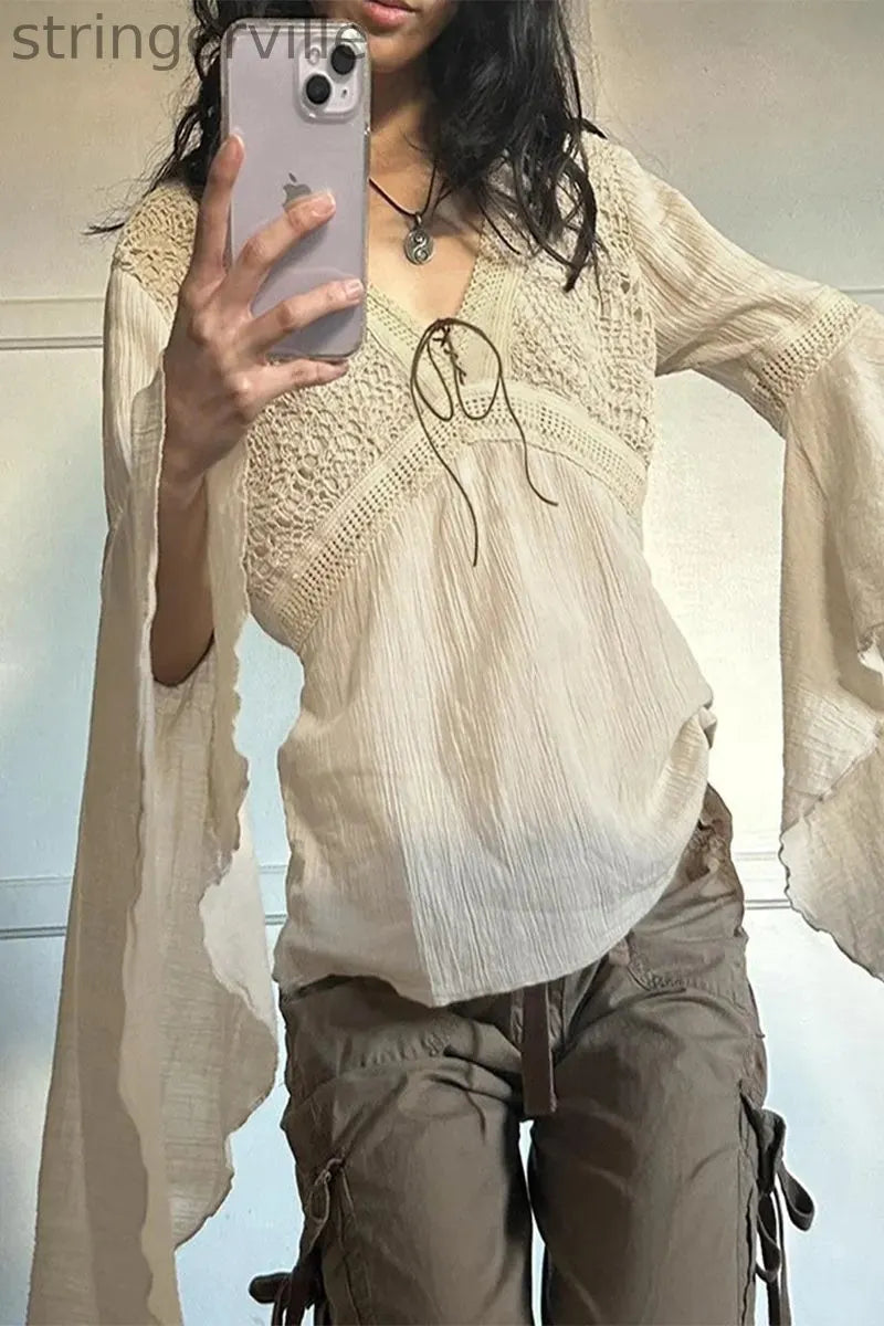 Elegant Solid Patchwork Frenulum V Neck Tops
